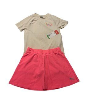 PUMA skirt-short set for girls, size L in pink and beige. Made in Cambodia.